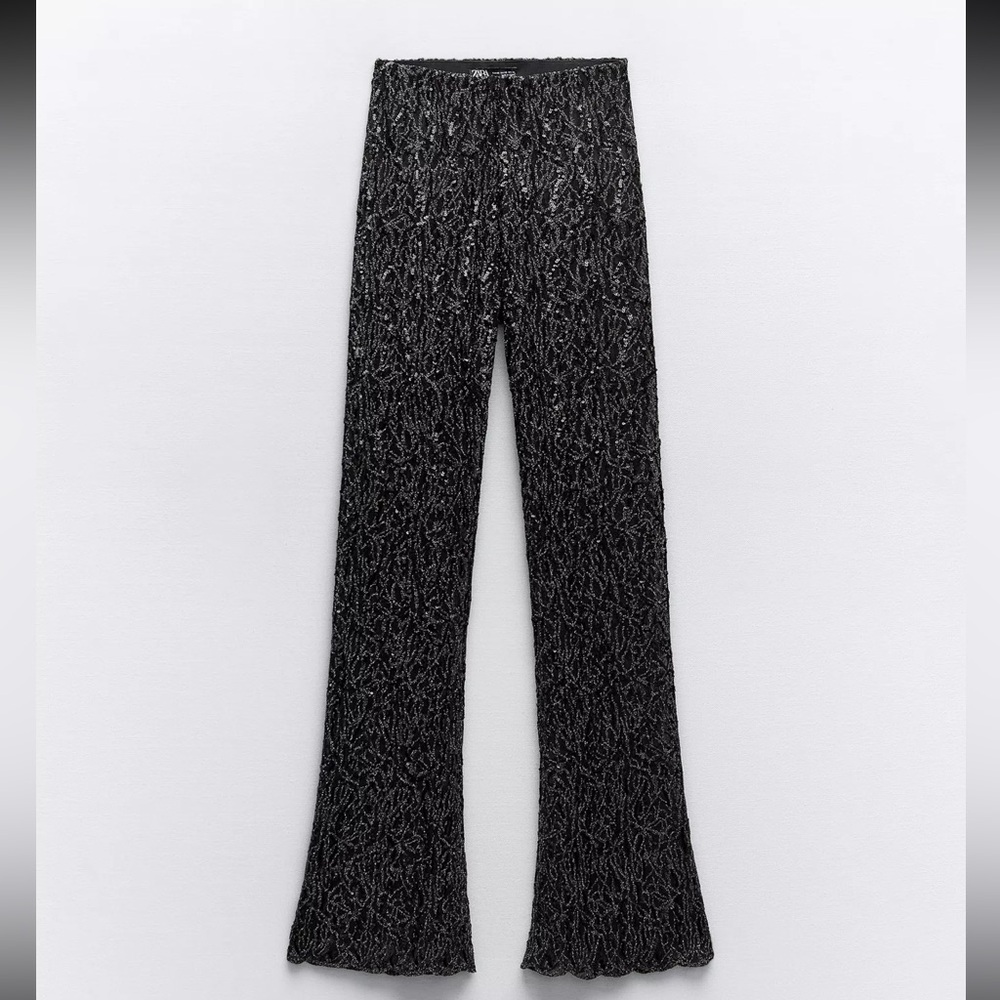 ZARA Black Sequin Lace Flare Pants M NWT Sheer Party Festival - Picture 2 of 8